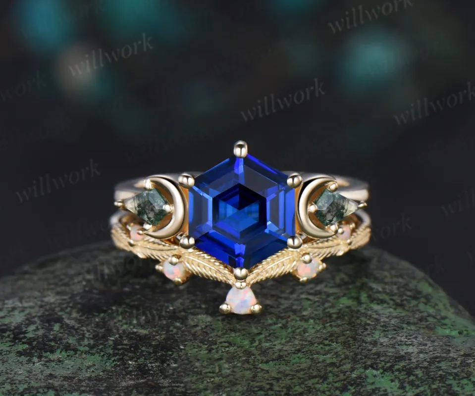 Hexagon cut sapphire ring vintage three stone moon moss agate leaf opal ring women 6 prong unique engagement ring blue gemstone ring sold by Willwork Jewelry