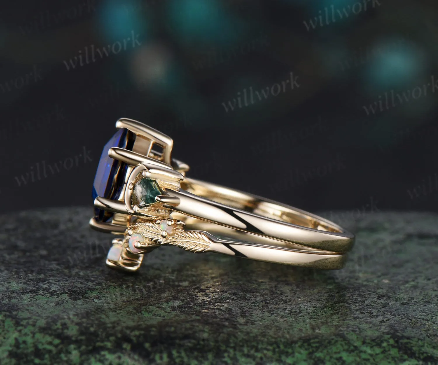 Hexagon cut sapphire ring vintage three stone moon moss agate leaf opal ring women 6 prong unique engagement ring blue gemstone ring sold by Willwork Jewelry product image thumbnail 4