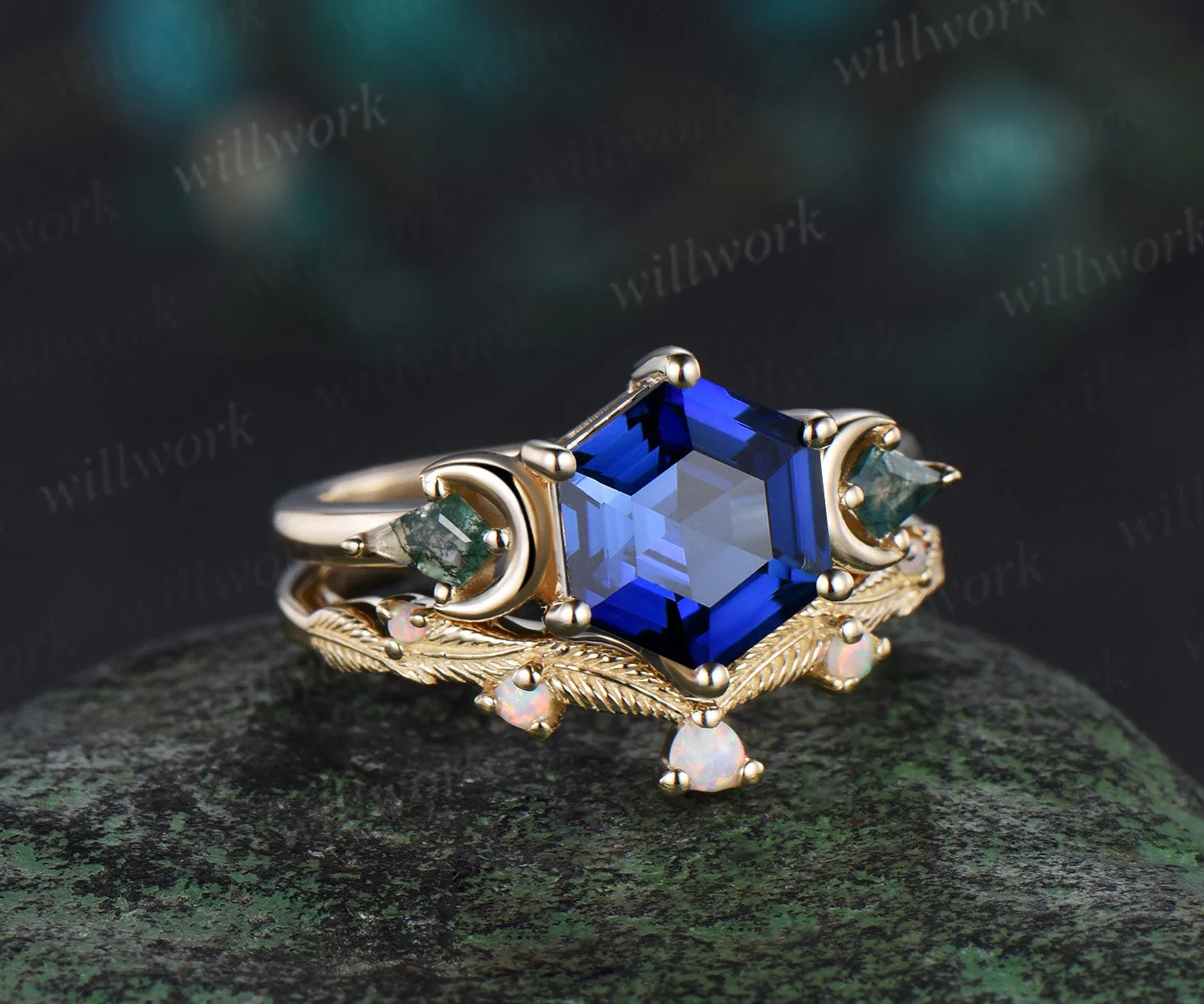Hexagon cut sapphire ring vintage three stone moon moss agate leaf opal ring women 6 prong unique engagement ring blue gemstone ring sold by Willwork Jewelry product image thumbnail 2