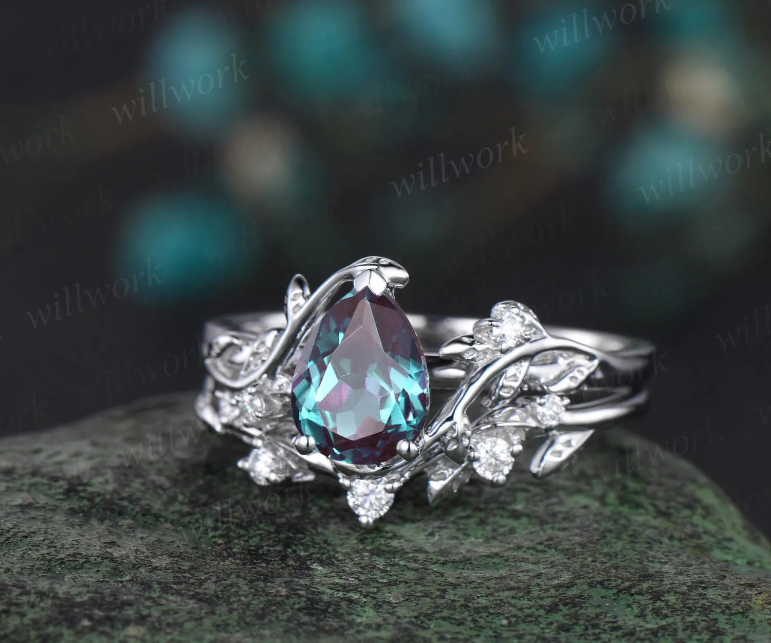 Pear Alexandrite ring vintage leaf vine white gold unique engagement ring twisted three stone diamond wedding bridal ring set women sold by Willwork Jewelry product image thumbnail 4