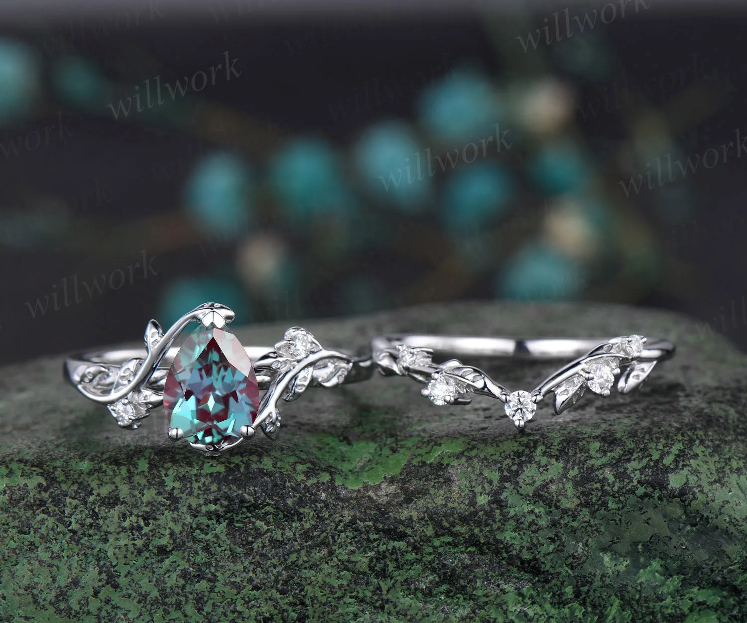 Pear Alexandrite ring vintage leaf vine white gold unique engagement ring twisted three stone diamond wedding bridal ring set women sold by Willwork Jewelry product image thumbnail 2