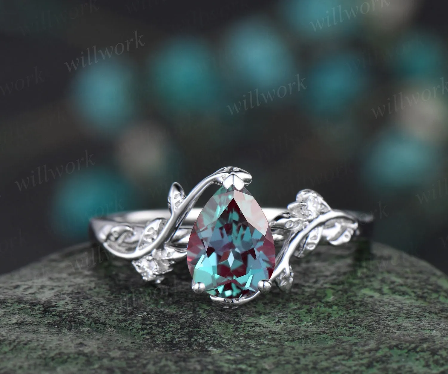 Pear Alexandrite ring vintage leaf vine white gold unique engagement ring twisted three stone diamond wedding bridal ring set women sold by Willwork Jewelry product image thumbnail 5
