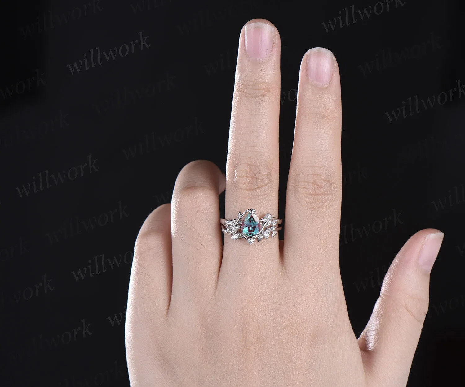 Pear Alexandrite ring vintage leaf vine white gold unique engagement ring twisted three stone diamond wedding bridal ring set women sold by Willwork Jewelry product image thumbnail 3