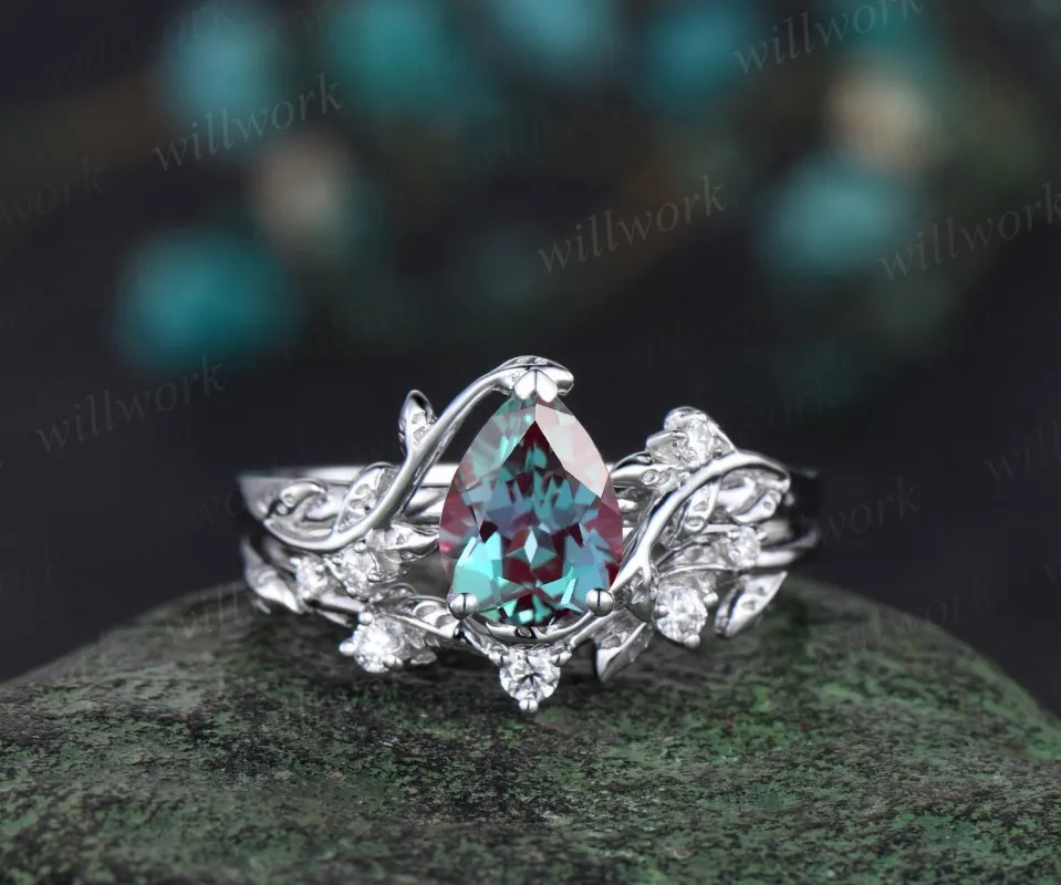 Pear Alexandrite ring vintage leaf vine white gold unique engagement ring twisted three stone diamond wedding bridal ring set women sold by Willwork Jewelry