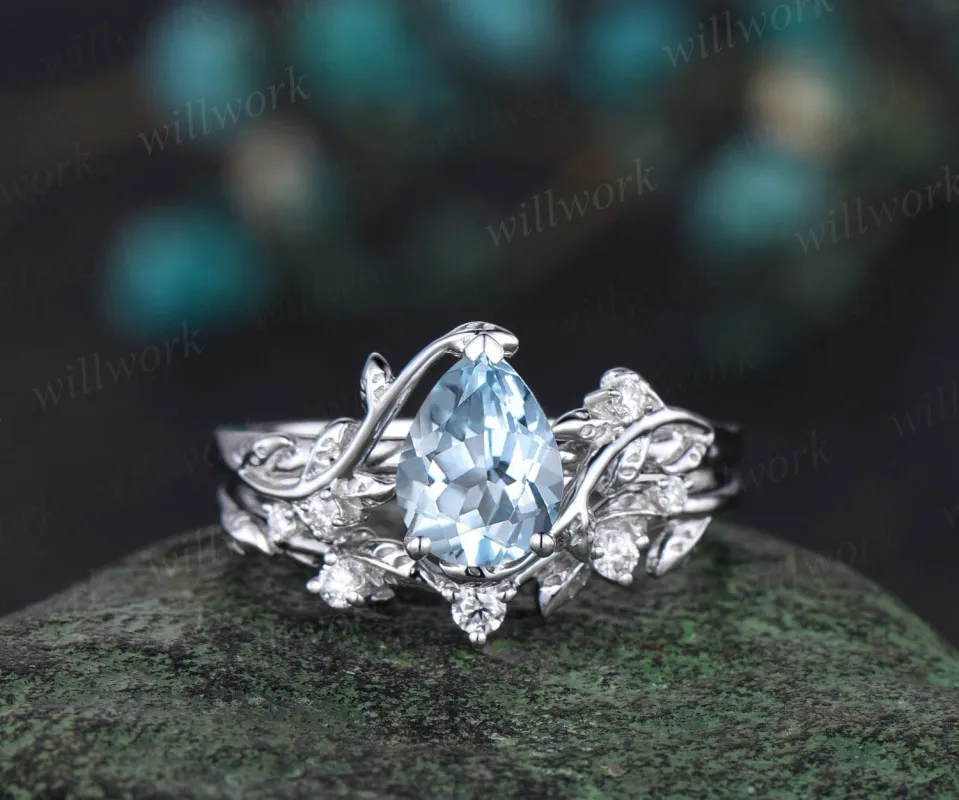 Pear cut Aquamarine ring vintage leaf vine white gold unique engagement ring twisted three stone diamond wedding bridal ring set women sold by Willwork Jewelry
