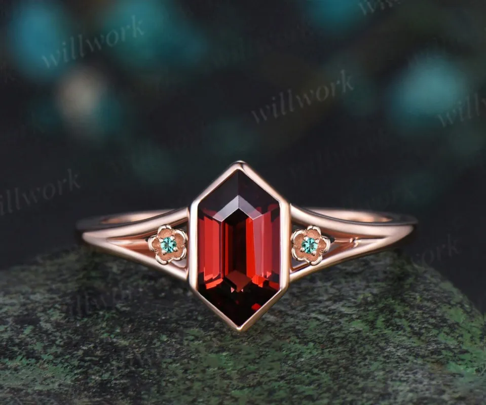Long hexagon cut red garnet engagement ring rose gold bezel split shank three stone floral emerald wedding anniversary ring women sold by Willwork Jewelry
