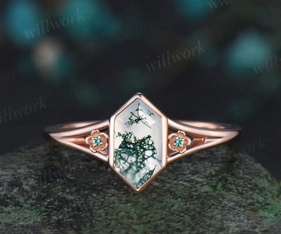 Long hexagon cut green moss agate engagement ring rose gold bezel split shank three stone floral emerald wedding anniversary ring women sold by Willwork Jewelry