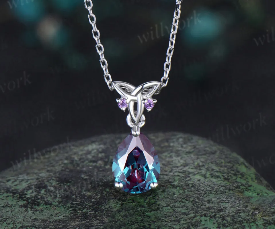 Pear cut alexandrite Necklace solid 14k white gold Celtic knot amethyst Pendant women color change gemstone anniversary gift made by Willwork Jewelry
