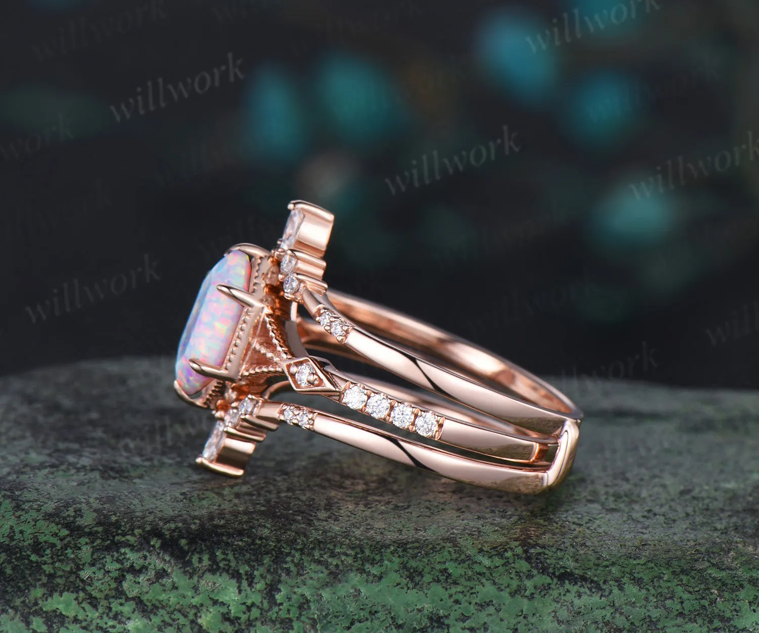 Long hexangon cut white opal engagement ring set rose gold vintage unique moissanite wedding band enhancer bridal set women sold by Willwork Jewelry product image thumbnail 5