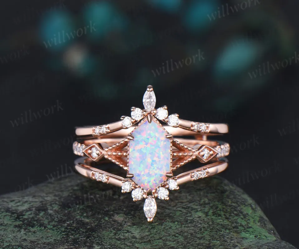Long hexangon cut white opal engagement ring set rose gold vintage unique moissanite wedding band enhancer bridal set women sold by Willwork Jewelry