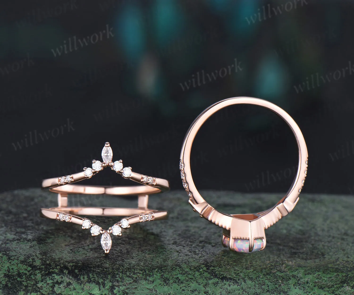 Long hexangon cut white opal engagement ring set rose gold vintage unique moissanite wedding band enhancer bridal set women sold by Willwork Jewelry product image thumbnail 4
