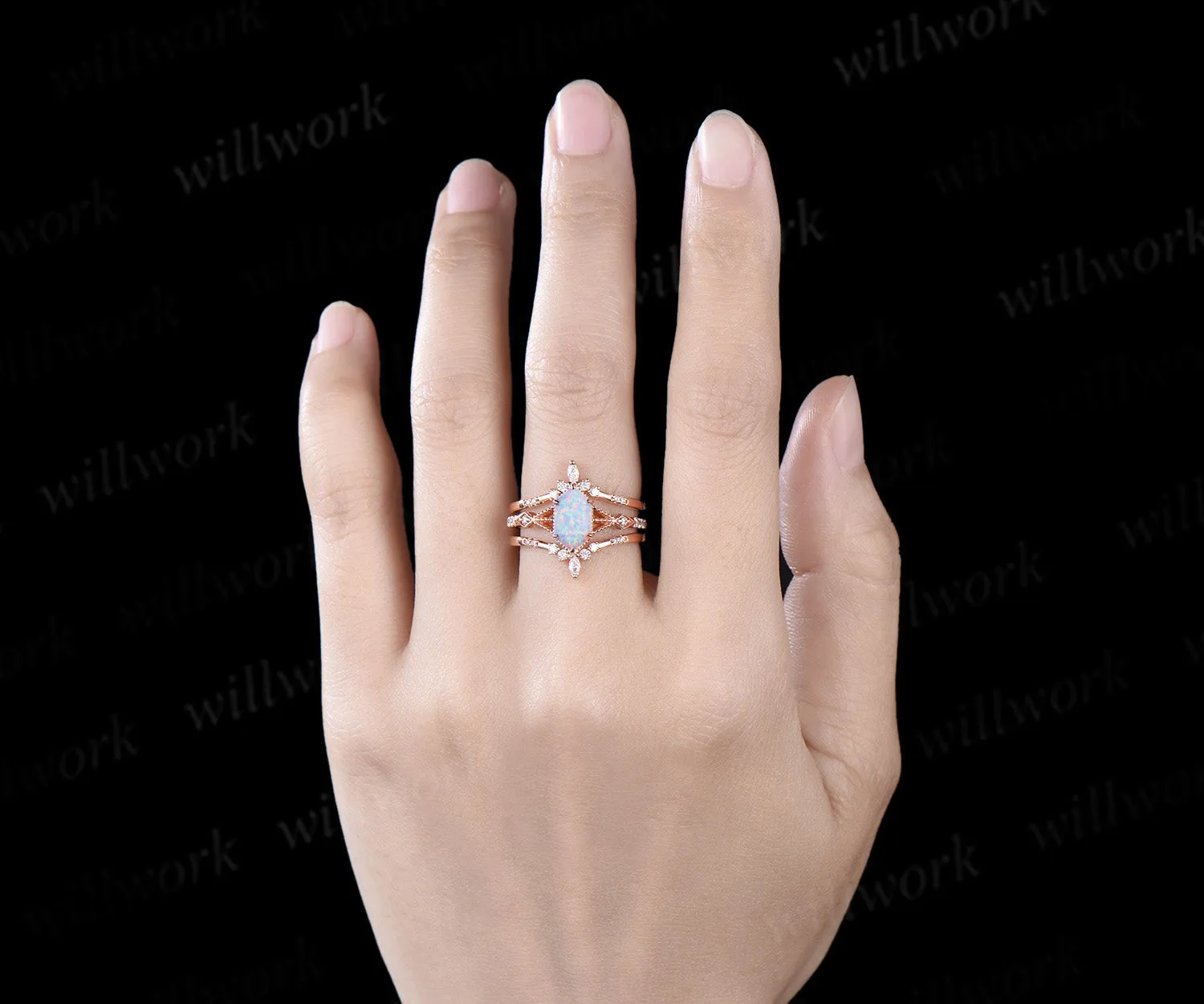 Long hexangon cut white opal engagement ring set rose gold vintage unique moissanite wedding band enhancer bridal set women sold by Willwork Jewelry product image thumbnail 2