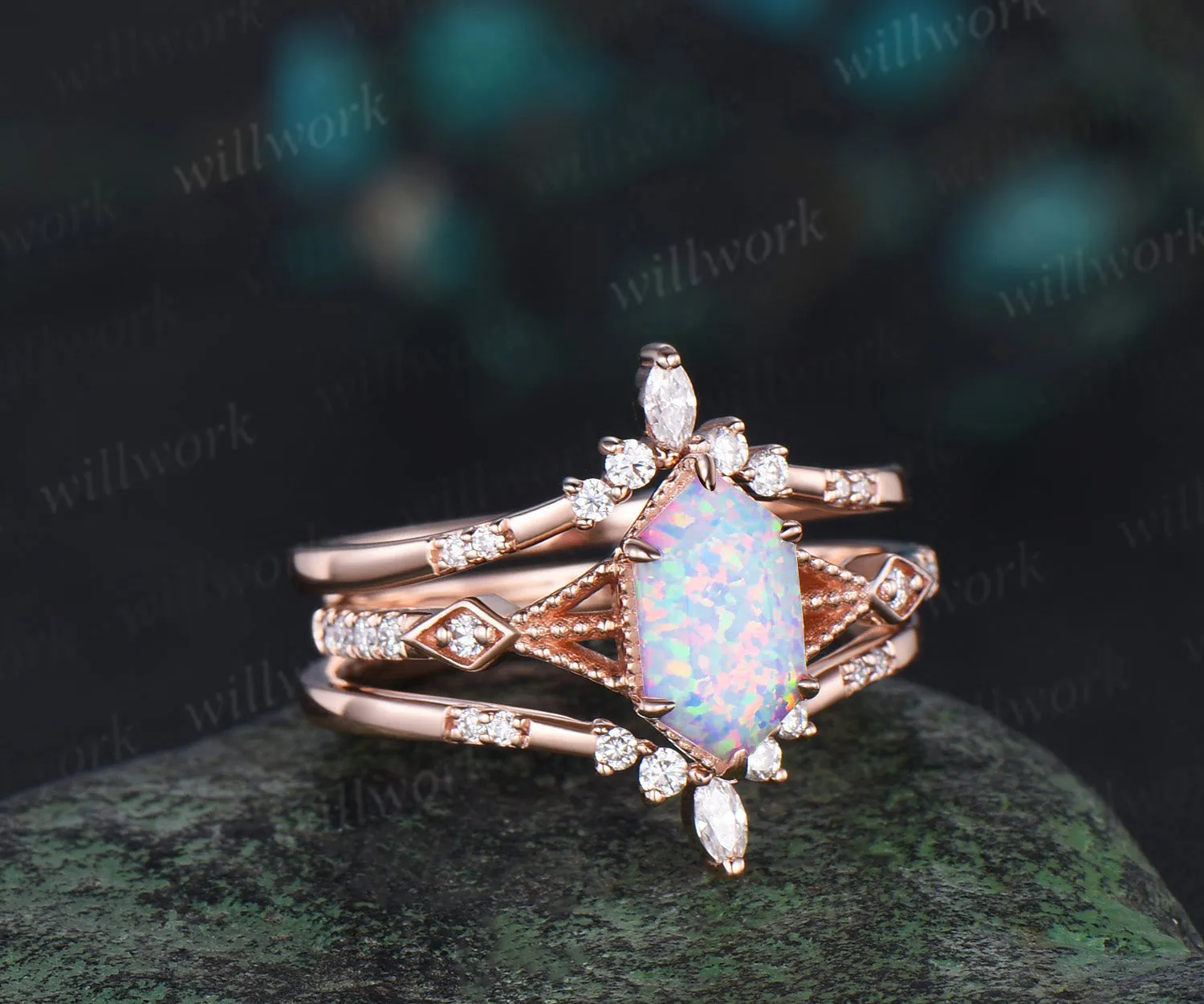 Long hexangon cut white opal engagement ring set rose gold vintage unique moissanite wedding band enhancer bridal set women sold by Willwork Jewelry product image thumbnail 3