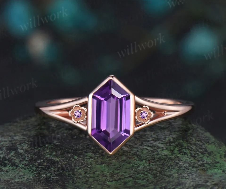 Vintage Long hexagon cut purple amethyst engagement ring rose gold bezel split shank three stone floral wedding anniversary ring women sold by Willwork Jewelry