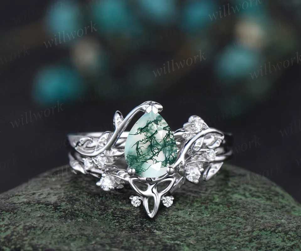 Vintage Pear shaped moss agate engagement ring white gold leaf branch diamond bridal ring set Celtic knot wedding ring band women jewelry sold by Willwork Jewelry