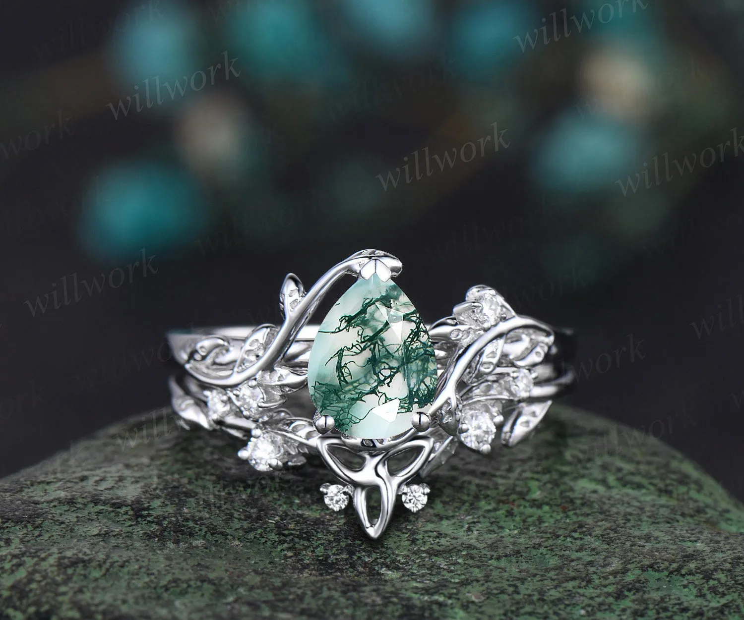 Vintage Pear shaped moss agate engagement ring white gold leaf branch diamond bridal ring set Celtic knot wedding ring band women jewelry sold by Willwork Jewelry