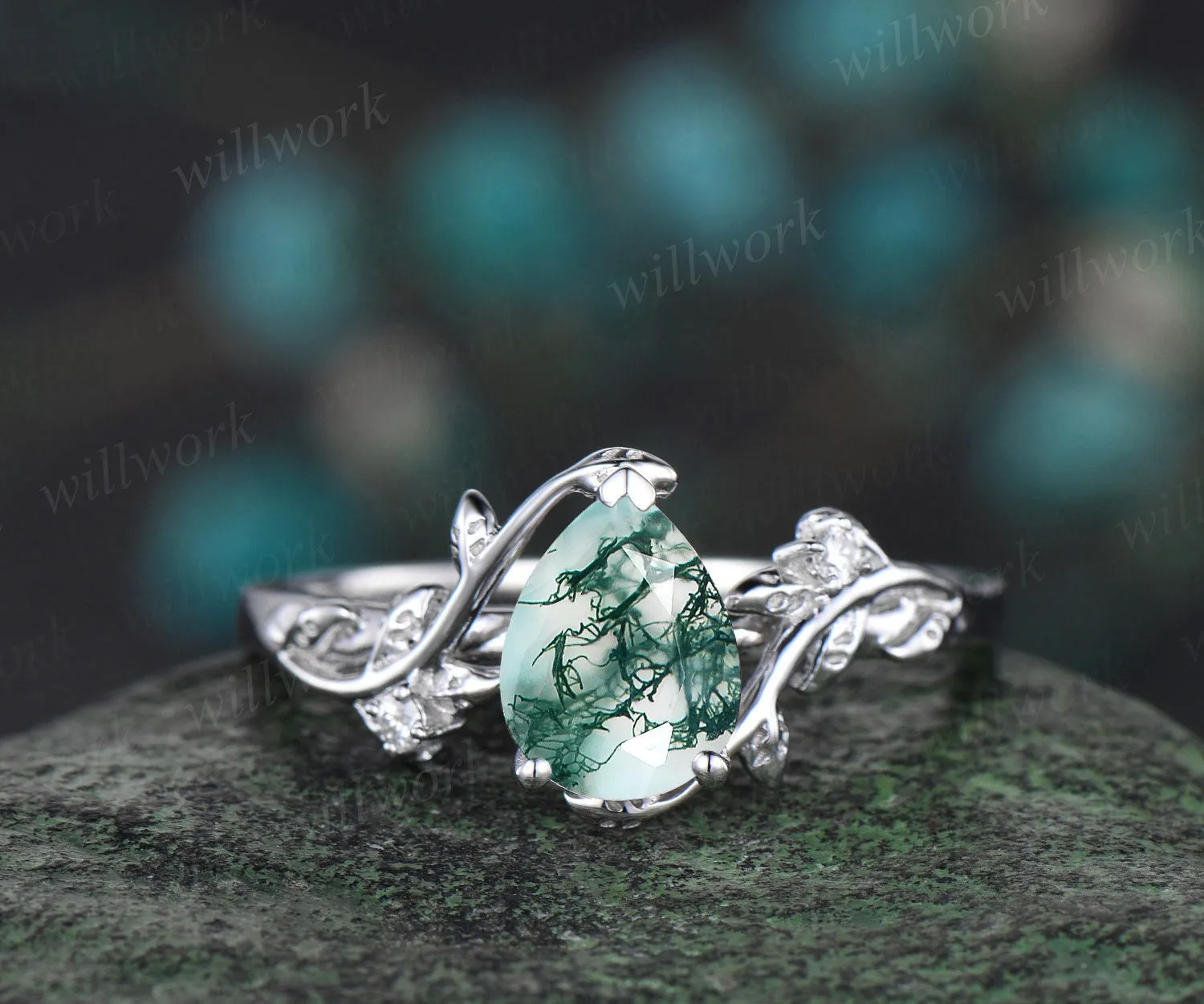Vintage Pear shaped moss agate engagement ring white gold leaf branch diamond bridal ring set Celtic knot wedding ring band women jewelry sold by Willwork Jewelry product image thumbnail 5
