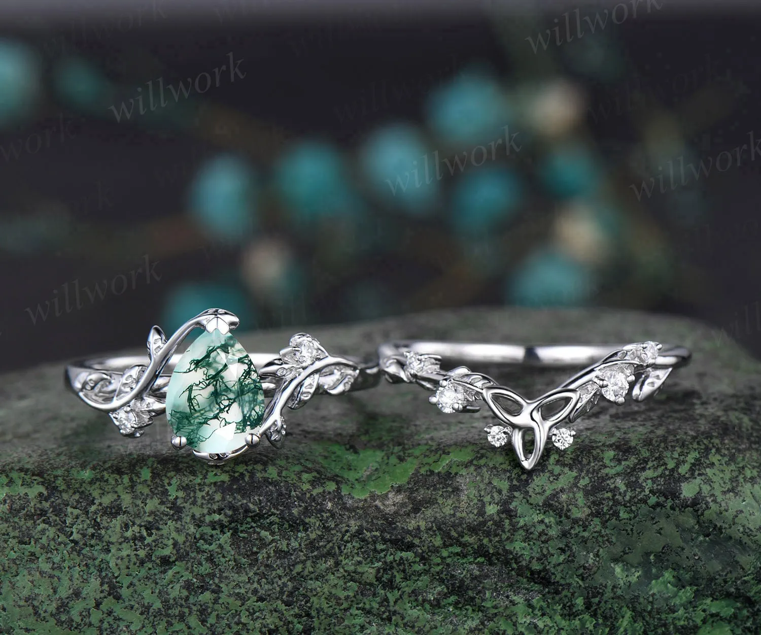 Vintage Pear shaped moss agate engagement ring white gold leaf branch diamond bridal ring set Celtic knot wedding ring band women jewelry sold by Willwork Jewelry product image thumbnail 2