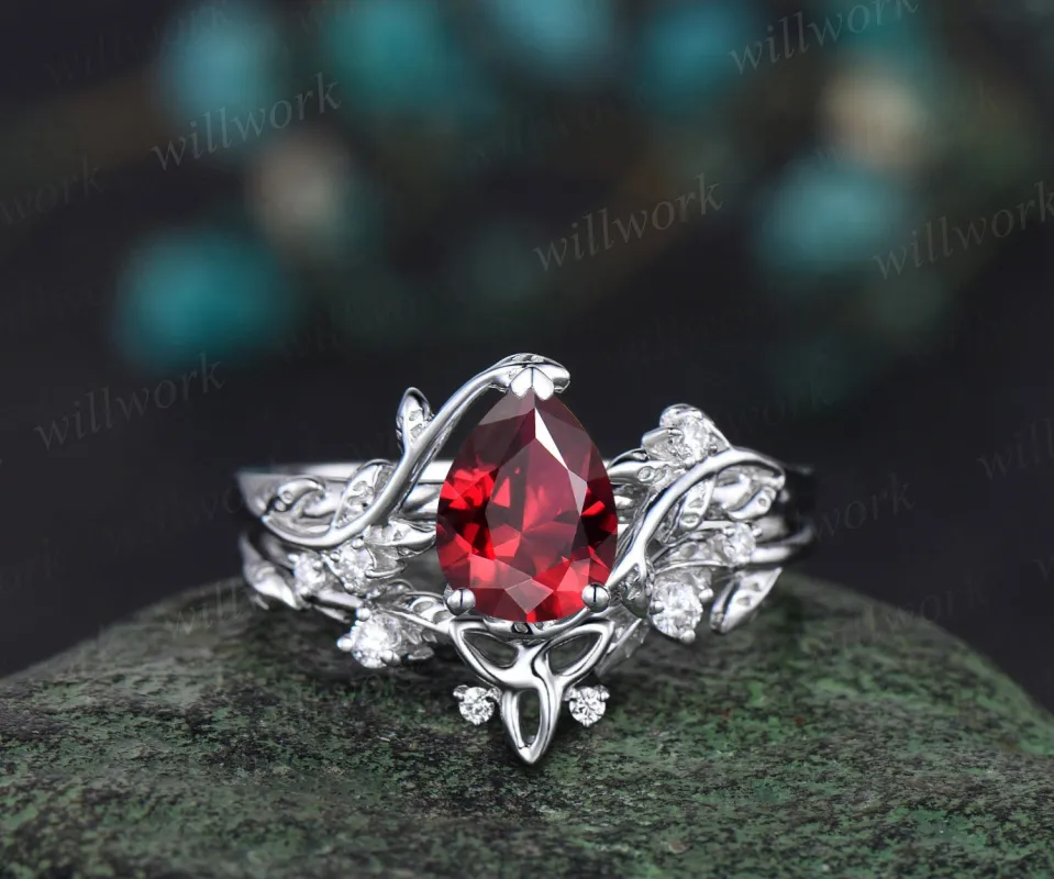Vintage Pear shaped red ruby engagement ring white gold leaf branch diamond bridal ring set Celtic knot wedding ring band women jewelry sold by Willwork Jewelry