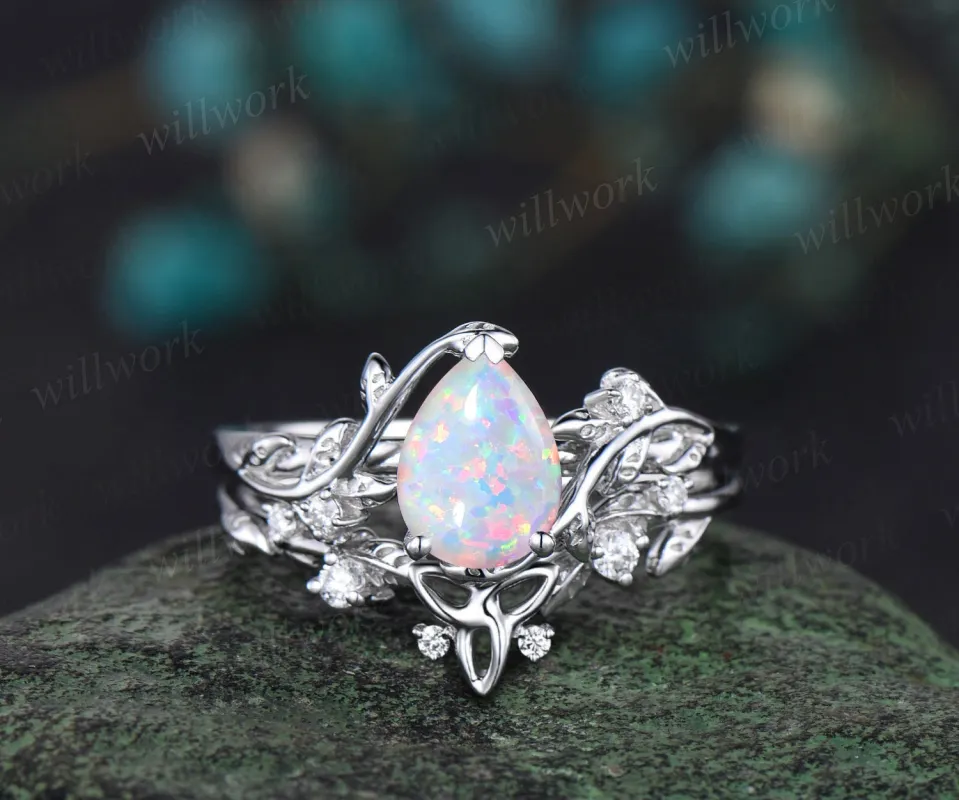 Vintage Pear shaped opal engagement ring white gold leaf branch diamond bridal ring set Celtic knot wedding ring band women jewelry sold by Willwork Jewelry