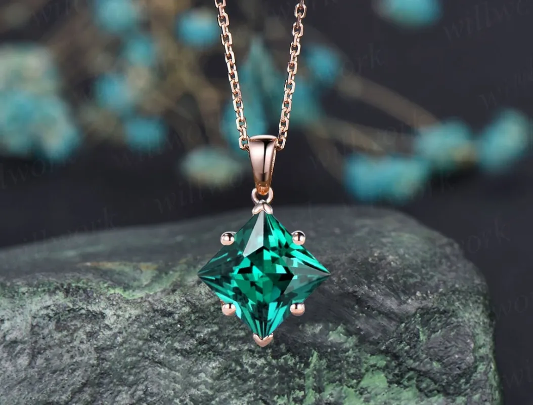 Princess cut green emerald necklace rose gold vintage unique Personalized Solitaire pendant women her anniversary bridal gift mother made by Willwork Jewelry