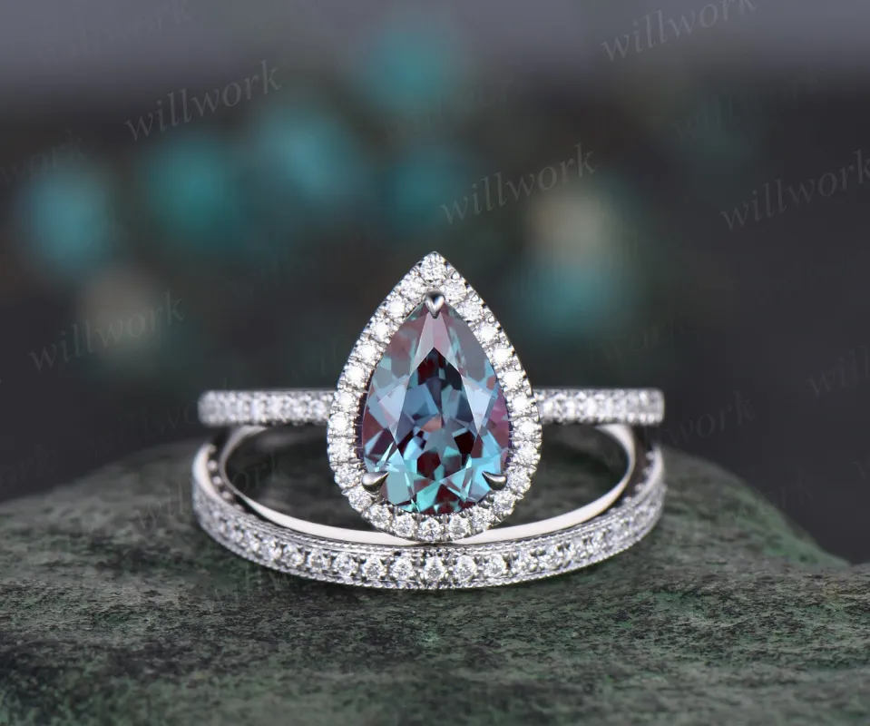 Pear shaped Alexandrite ring vintage white gold halo unique engagement ring set women half eternity diamond bridal ring set jewelry sold by Willwork Jewelry