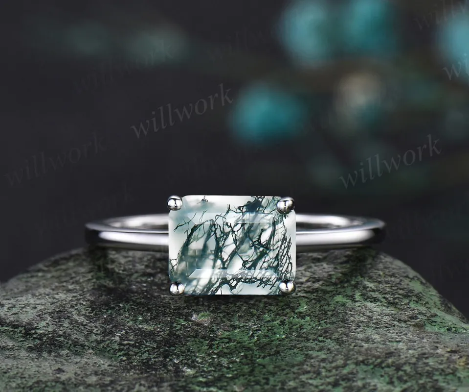 East to west emerald cut green moss agate engagement ring women solid 14k white gold solitaire gemstone anniversary ring gift sold by Willwork Jewelry