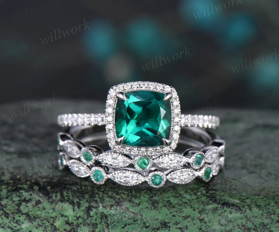 Vintage cushion cut emerald engagement ring solid 14k white gold half eternity halo diamond promise bridal wedding ring set women jewelry sold by Willwork Jewelry