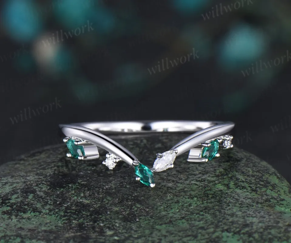 Curved emerald wedding band white gold stacking moissanite wedding ring band women May birthstone ring graduation anniversary gift sold by Willwork Jewelry