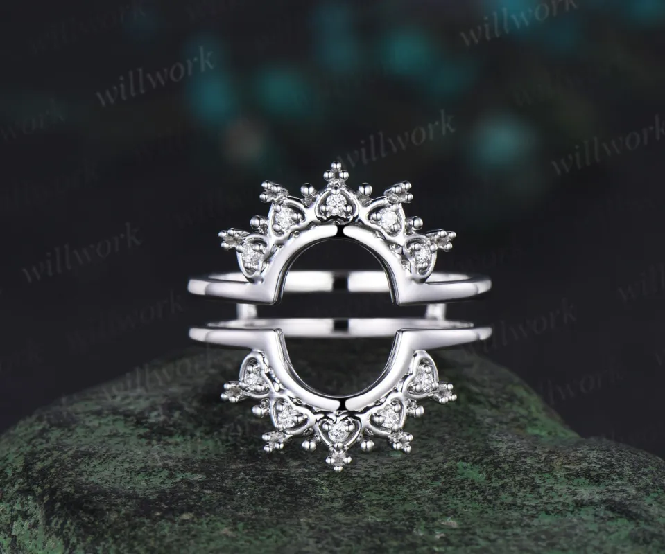 Vintage double crown diamond wedding band enhancer wraps solid 14k white gold heart wedding ring band women anniversary gift sold by Willwork Jewelry