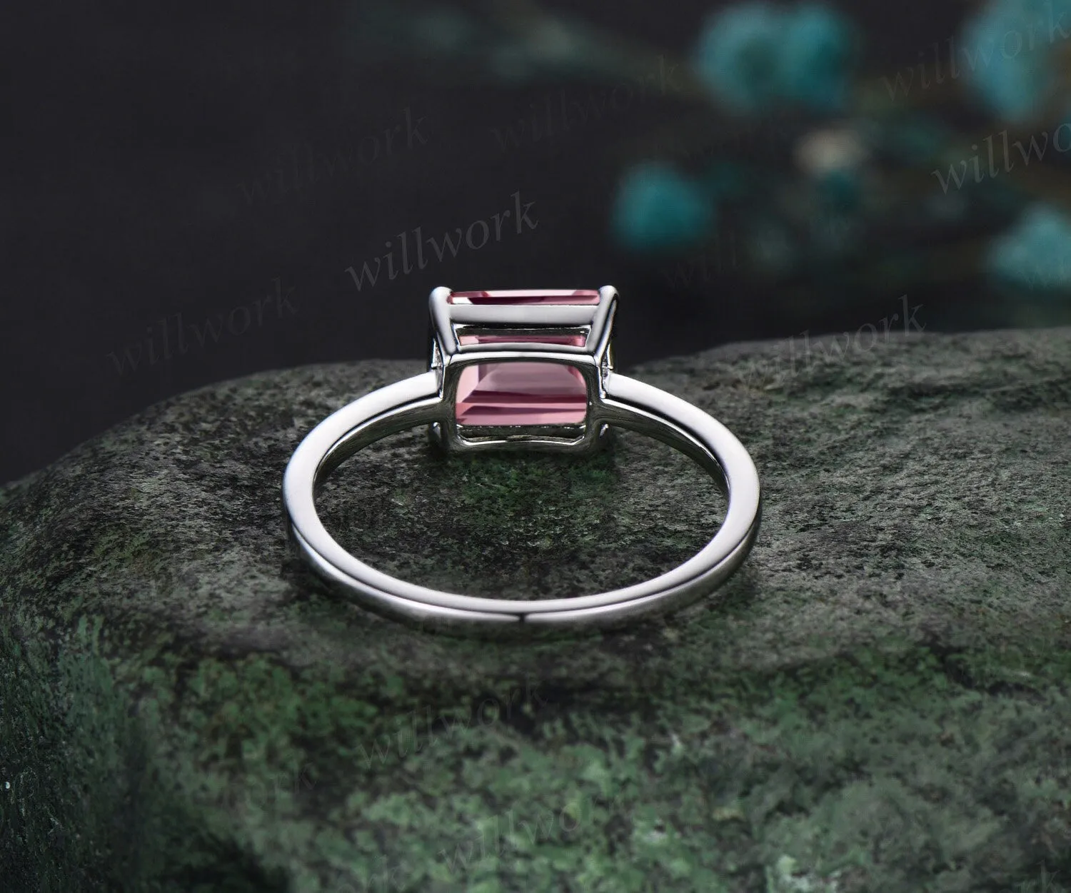 East to west emerald cut Padparadscha sapphire engagement ring women solid 14k white gold solitaire pink gemstone anniversary ring gift sold by Willwork Jewelry product image thumbnail 4