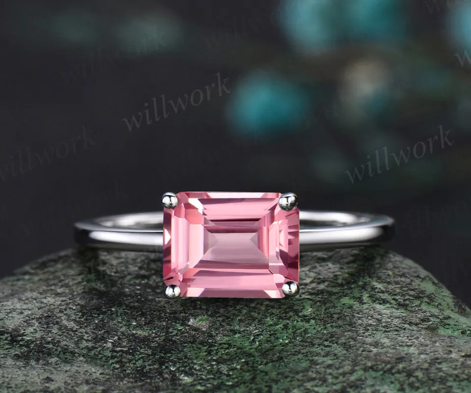 East to west emerald cut Padparadscha sapphire engagement ring women solid 14k white gold solitaire pink gemstone anniversary ring gift made by Willwork Jewelry