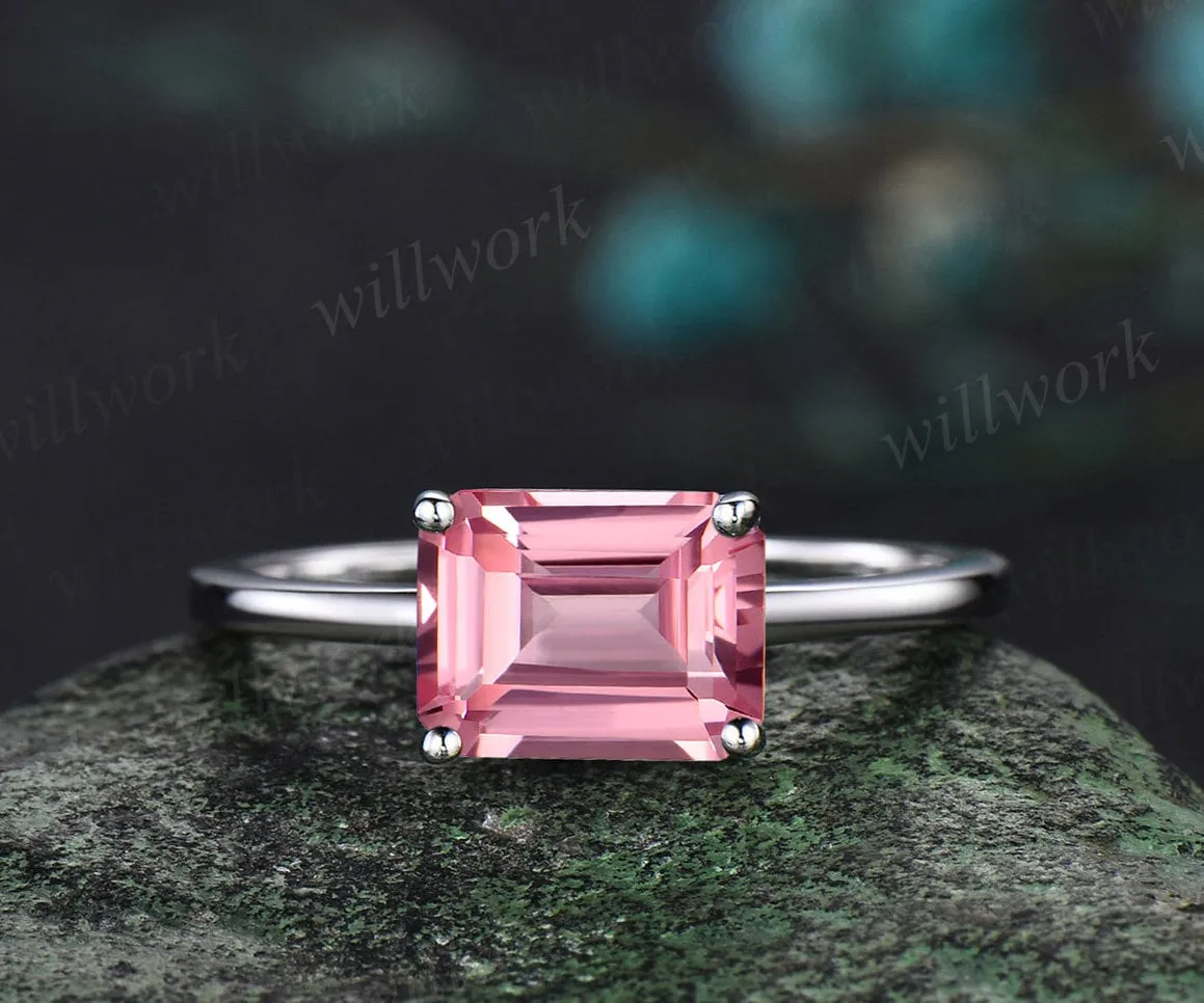 East to west emerald cut Padparadscha sapphire engagement ring women solid 14k white gold solitaire pink gemstone anniversary ring gift sold by Willwork Jewelry