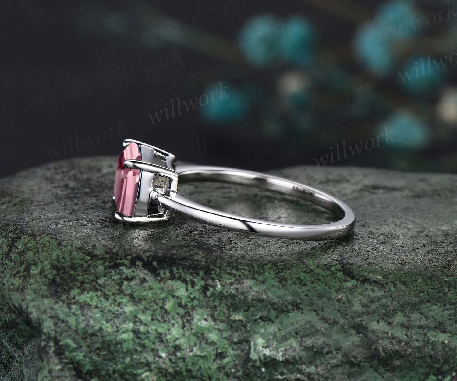 East to west emerald cut Padparadscha sapphire engagement ring women solid 14k white gold solitaire pink gemstone anniversary ring gift sold by Willwork Jewelry product image thumbnail 5