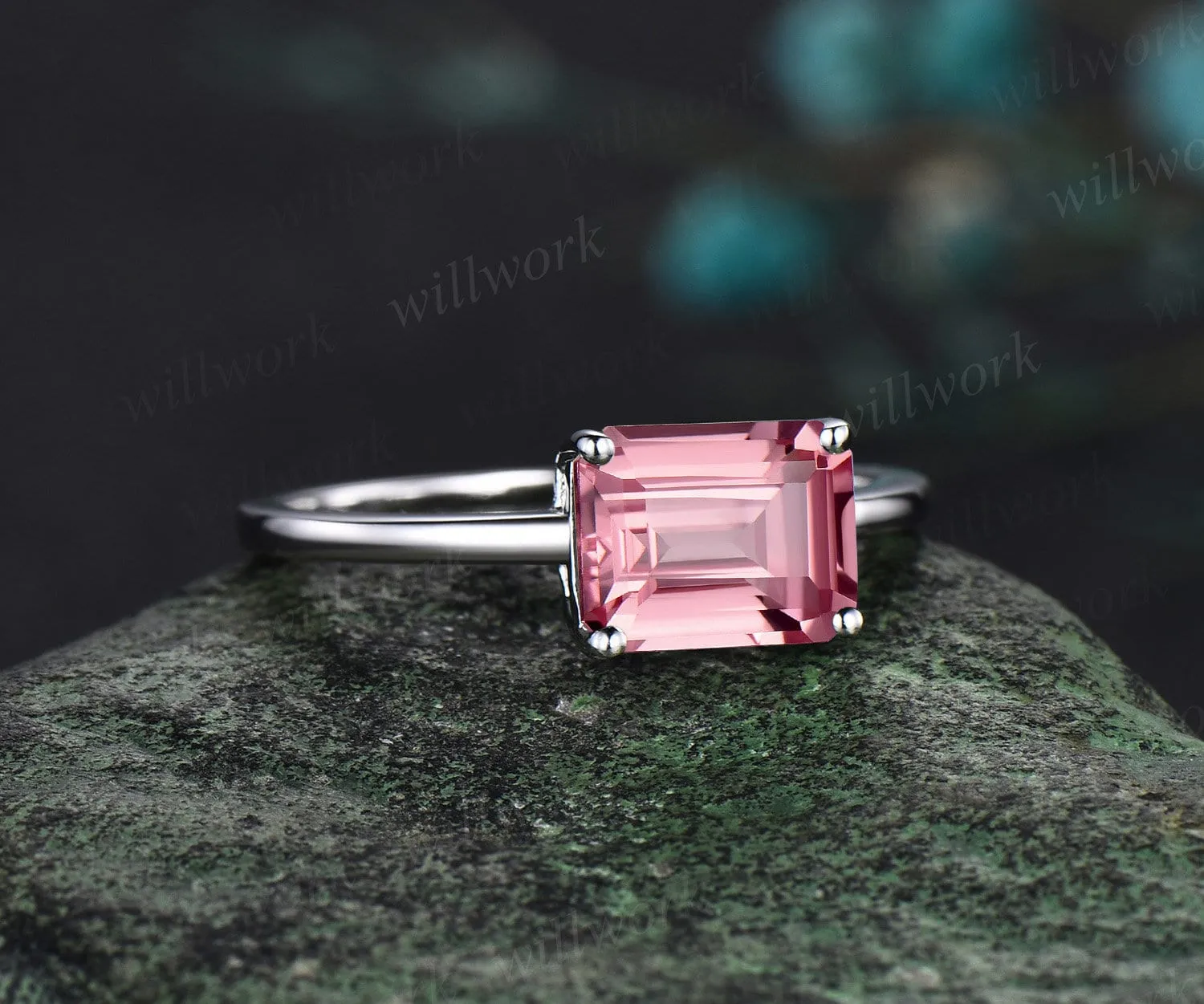 East to west emerald cut Padparadscha sapphire engagement ring women solid 14k white gold solitaire pink gemstone anniversary ring gift sold by Willwork Jewelry product image thumbnail 2