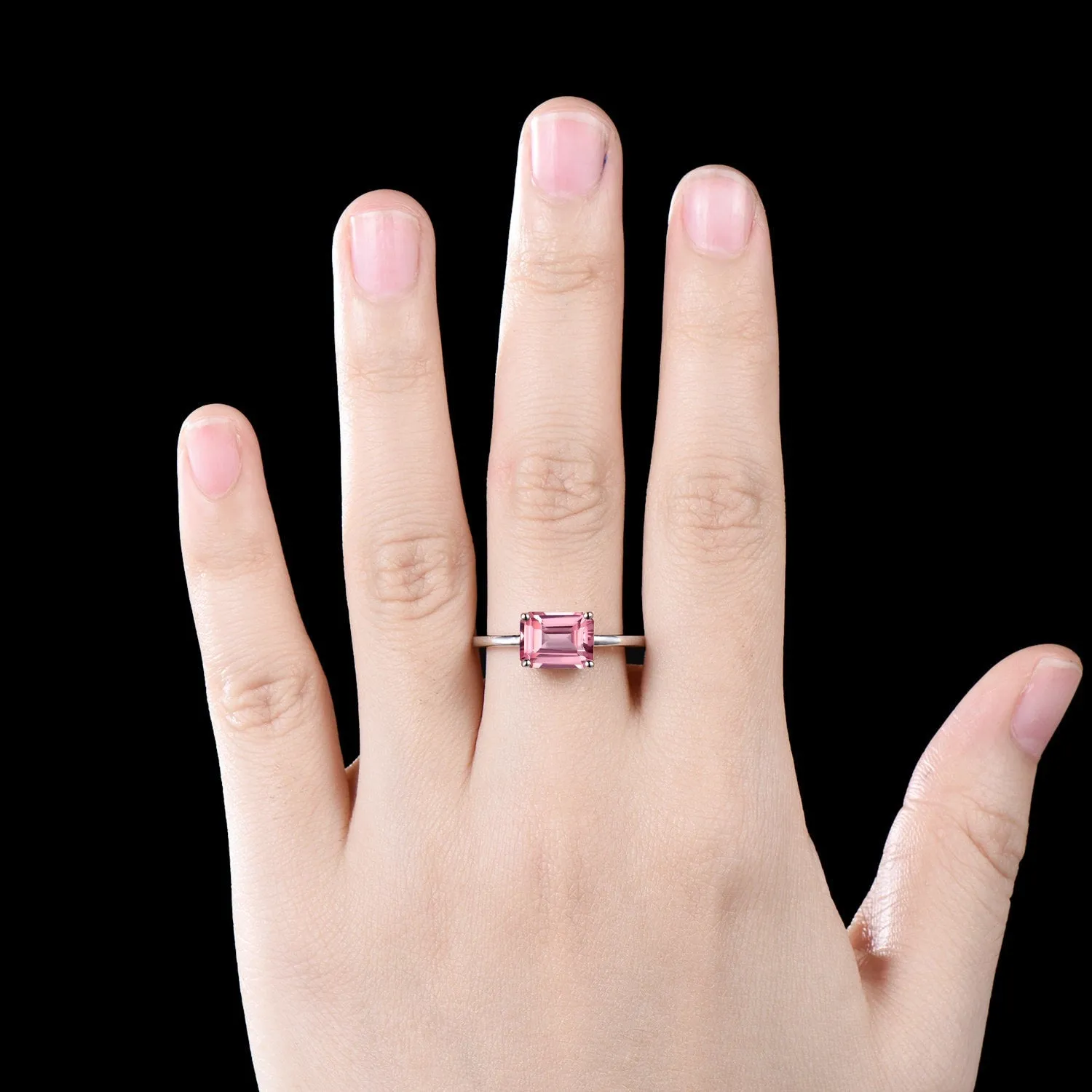 East to west emerald cut Padparadscha sapphire engagement ring women solid 14k white gold solitaire pink gemstone anniversary ring gift sold by Willwork Jewelry product image thumbnail 3
