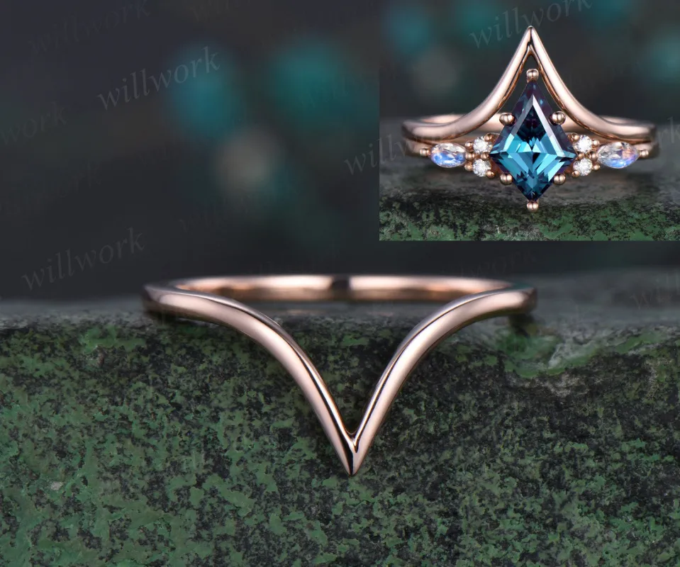 Curved V shaped wedding band solid 14k rose gold Solitaire stacking matching wedding ring band anniversary ring gift sold by Willwork Jewelry