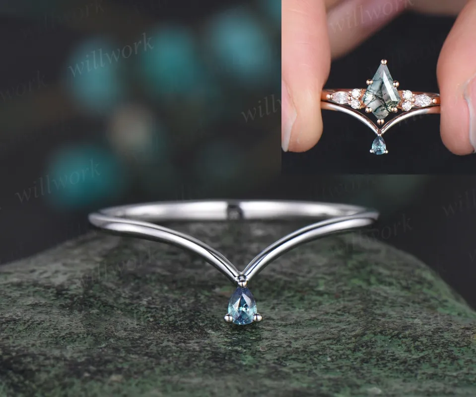 Curved pear cut alexandrite wedding band solid 14k white gold Solitaire stacking matching anniversary ring gift sold by Willwork Jewelry