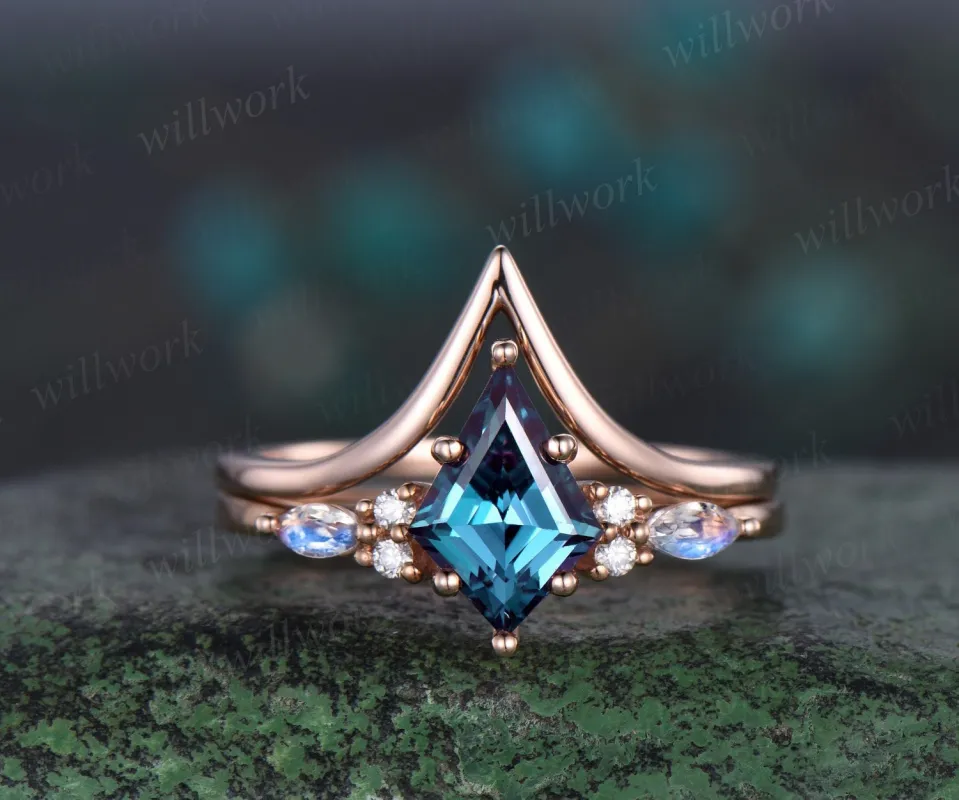 Kite cut Alexandrite engagement ring rose gold moonstone bridal wedding ring set women 6 prong stacking color change gemstone ring sold by Willwork Jewelry