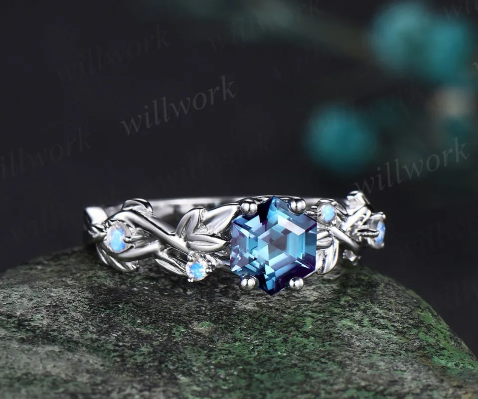 Hexagon cut alexandrite ring vintage moonstone white gold leaf nature inspired unique engagement ring women color change gemstone ring gift sold by Willwork Jewelry