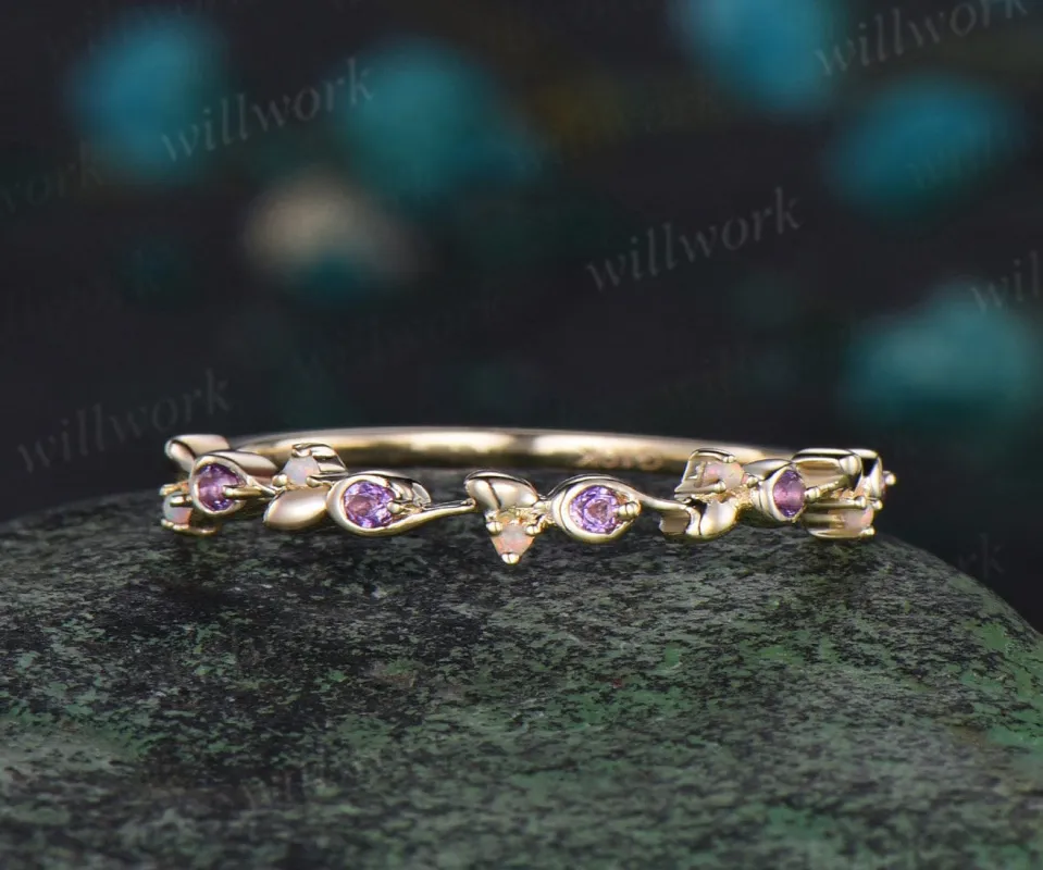 Amethyst ring yellow gold opal ring vintage wedding band women antique anniversary ring gift February birthstone ring sold by Willwork Jewelry