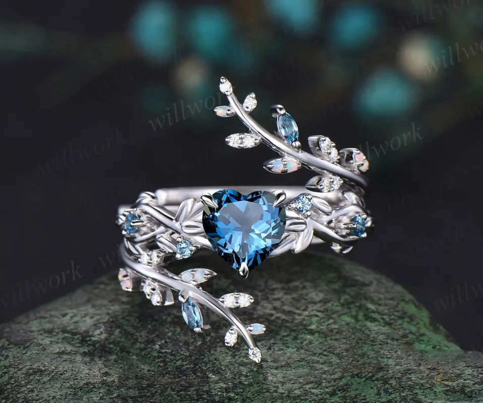 Vintage heart shaped London blue topaz engagement ring white gold nature inspired leaf opal wedding band enhancer bridal ring set women made by Willwork Jewelry