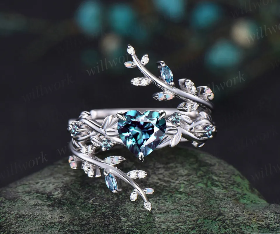 Vintage heart shaped alexandrite engagement ring white gold nature inspired leaf opal wedding band enhancer twisted bridal ring set women sold by Willwork Jewelry