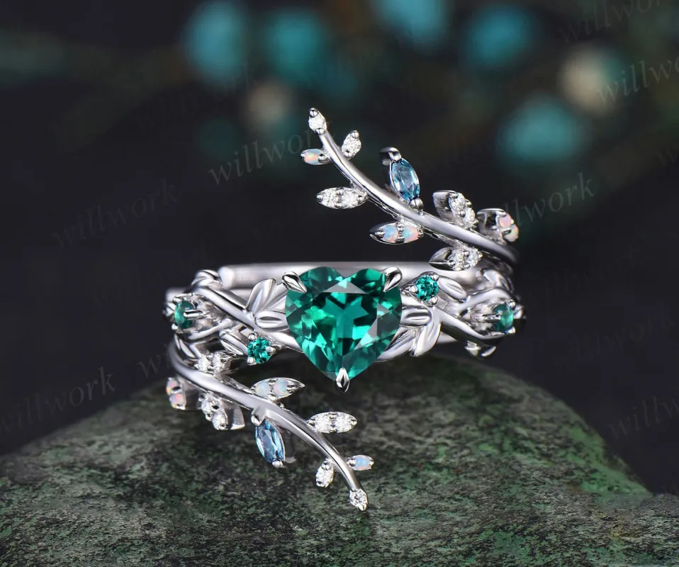 Vintage heart shaped green emerald engagement ring white gold nature inspired leaf opal wedding band enhancer twisted bridal ring set women sold by Willwork Jewelry