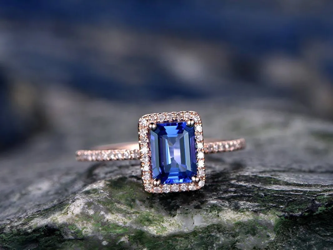 5x7mm Blue Tanzanite wedding ring-solid 14k rose gold ring-handmade diamond engagement ring-Emerald Cut gemstone promise ring,custom ring made by Willwork Jewelry