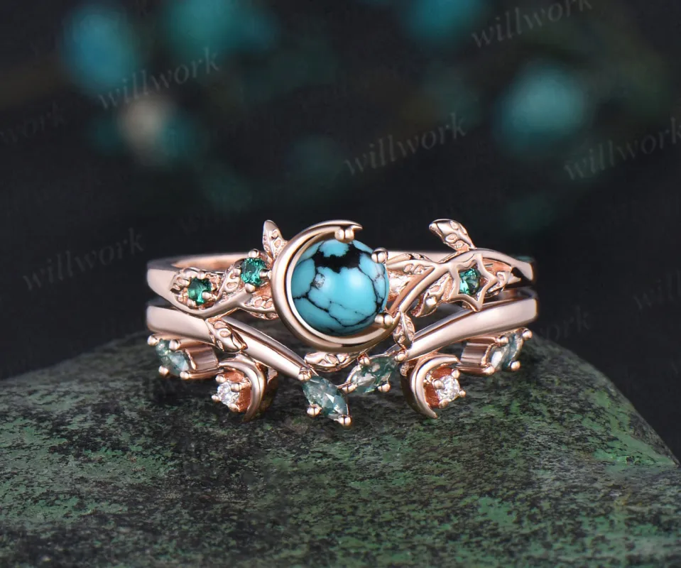 Vintage round Turquoise engagement ring rose gold leaf star moon emerald moss agate bridal anniversary ring set women jewelry sold by Willwork Jewelry