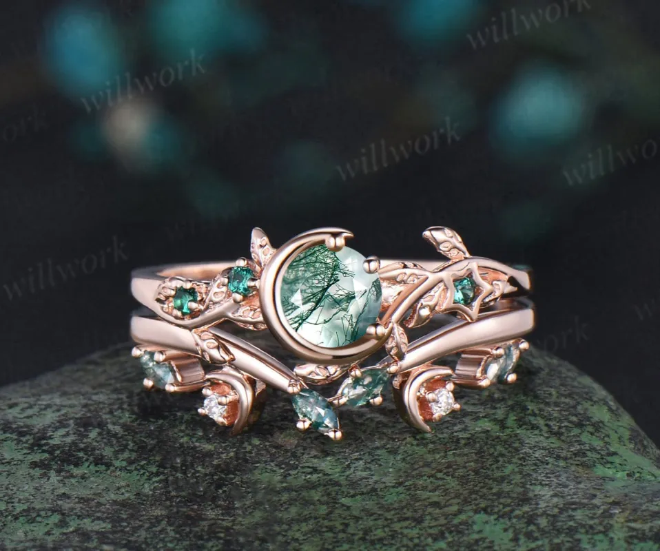 Vintage round cut green moss agate engagement ring rose gold leaf star emerald ring women moon wedding band stacking bridal set sold by Willwork Jewelry