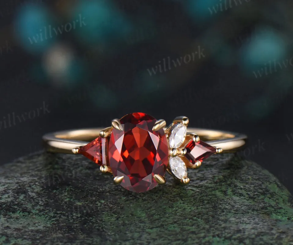 Oval cut garnet ring vintage yellow gold Trillion cut garnet kite moissanite ring women cluster unique engagement ring gift sold by Willwork Jewelry