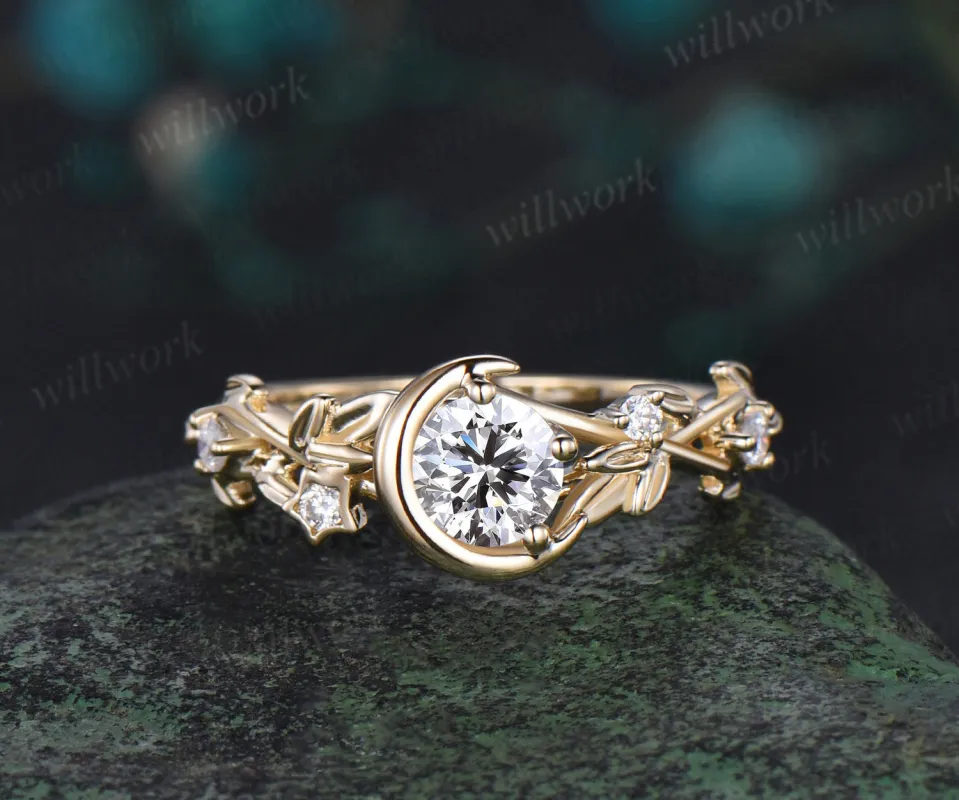 Vintage round cut IGI Lab grown diamond engagement ring solid 14k 18k yellow gold Moon leaf star promise wedding ring women jewelry sold by Willwork Jewelry