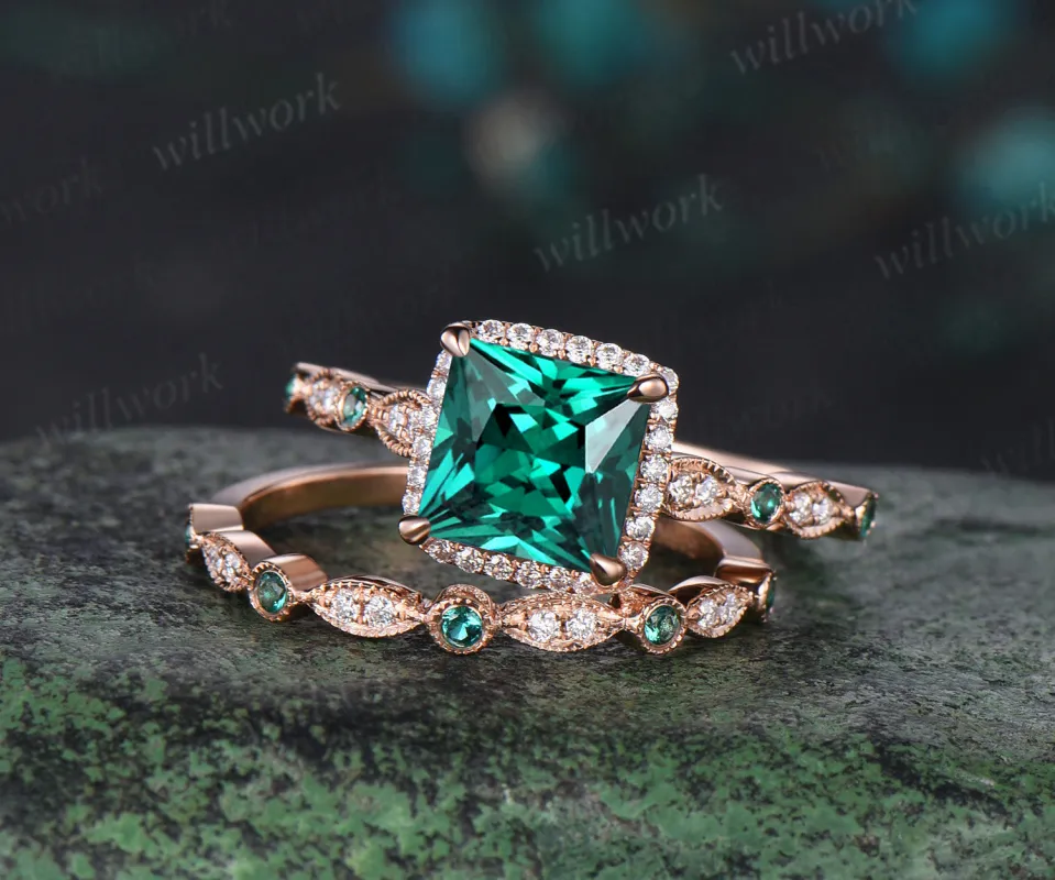 Vintage princess cut green emerald engagement ring rose gold women Milgrain halo half eternity diamond emerald wedding bridal ring set jewelry sold by Willwork Jewelry